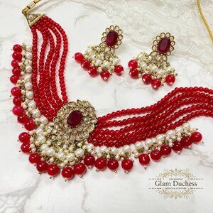 Brand New Indian Wedding Choker Necklace Earrings Red Jewelry Set